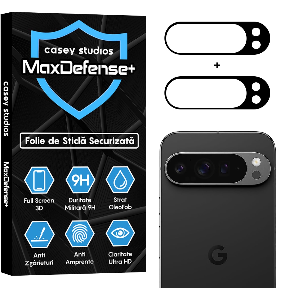 Set 2x Folie Sticla Camera compatibil cu Google Pixel 9 Pro XL, CASEY STUDIOS™ MaxDefense+, Protectie Securizata, Duritate 9H, Full Cover, Anti Zgarieturi, Ultra HD, Protectie Profesionala Camere 3D, Anti Zgarieturi, Anti Socuri