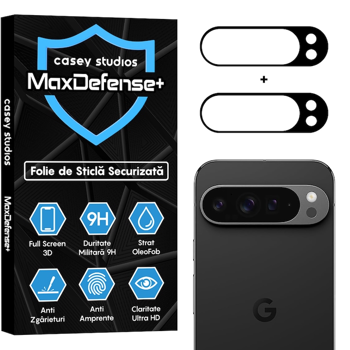 Set 2x Folie Sticla Camera compatibil cu Google Pixel 9 Pro XL, CASEY STUDIOS™ MaxDefense+, Protectie Securizata, Duritate 9H, Full Cover, Anti Zgarieturi, Ultra HD, Protectie Profesionala Camere 3D, Anti Zgarieturi, Anti Socuri