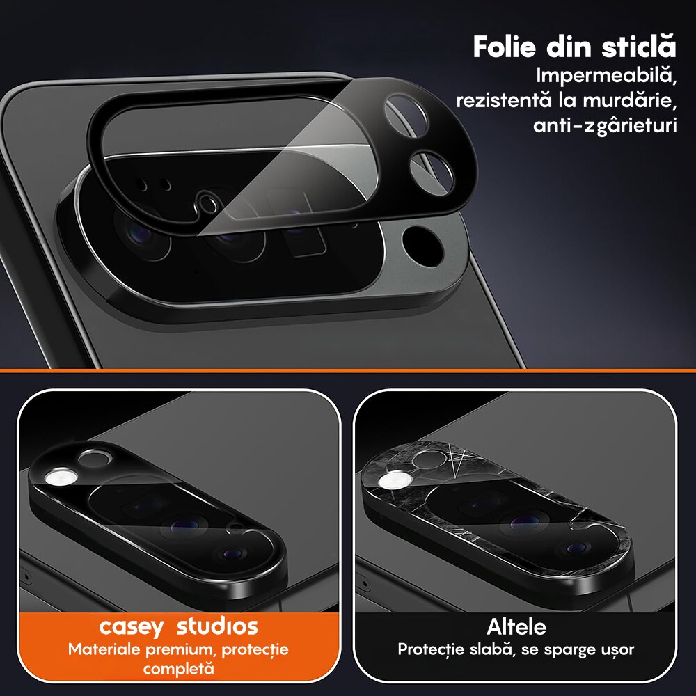 Set 2x Folie Sticla Camera compatibil cu Google Pixel 9 Pro XL, CASEY STUDIOS™ MaxDefense+, Protectie Securizata, Duritate 9H, Full Cover, Anti Zgarieturi, Ultra HD, Protectie Profesionala Camere 3D, Anti Zgarieturi, Anti Socuri