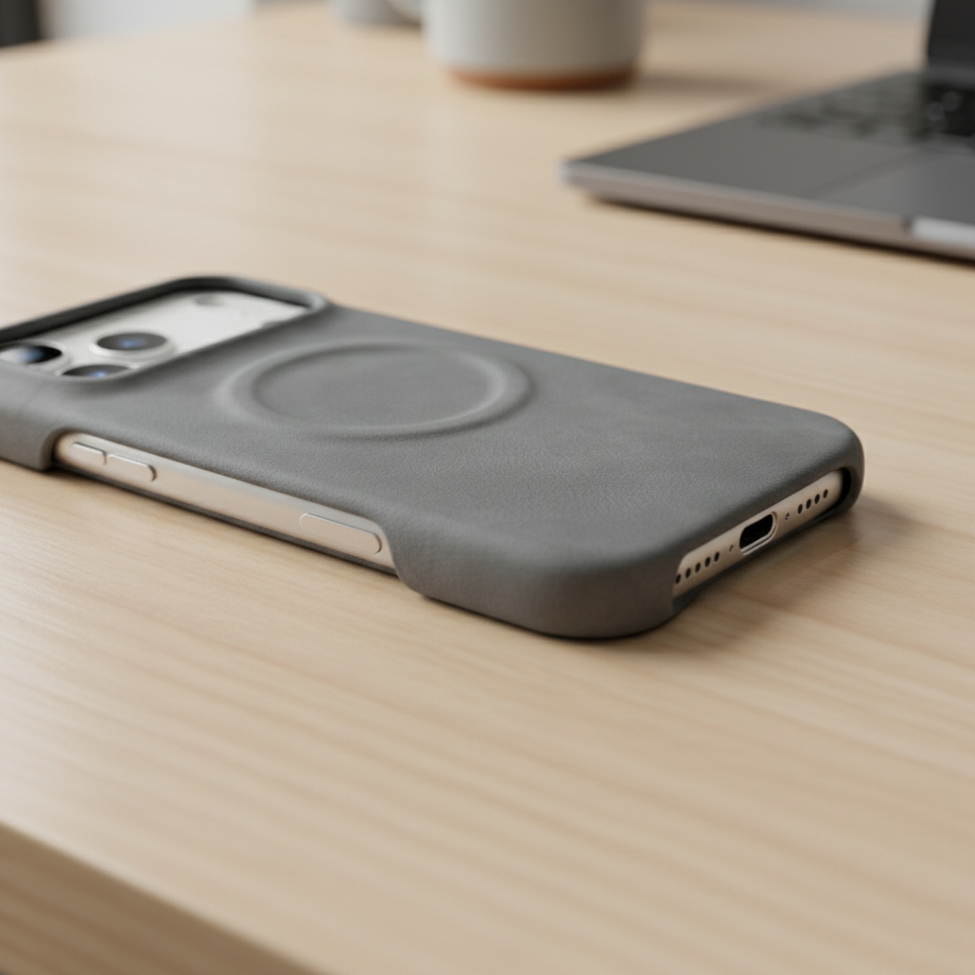 Husa Premium pentru iPhone 17 Pro, Piele ecologica (PU) Vintage Lambskin, Functie MagSafe, Mata High-Quality, Anti-Soc, Ultra Slim, Protectie Spate, Gri