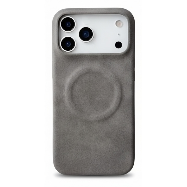 Husa Premium pentru iPhone 17 Pro, Piele ecologica (PU) Vintage Lambskin, Functie MagSafe, Mata High-Quality, Anti-Soc, Ultra Slim, Protectie Spate, Gri