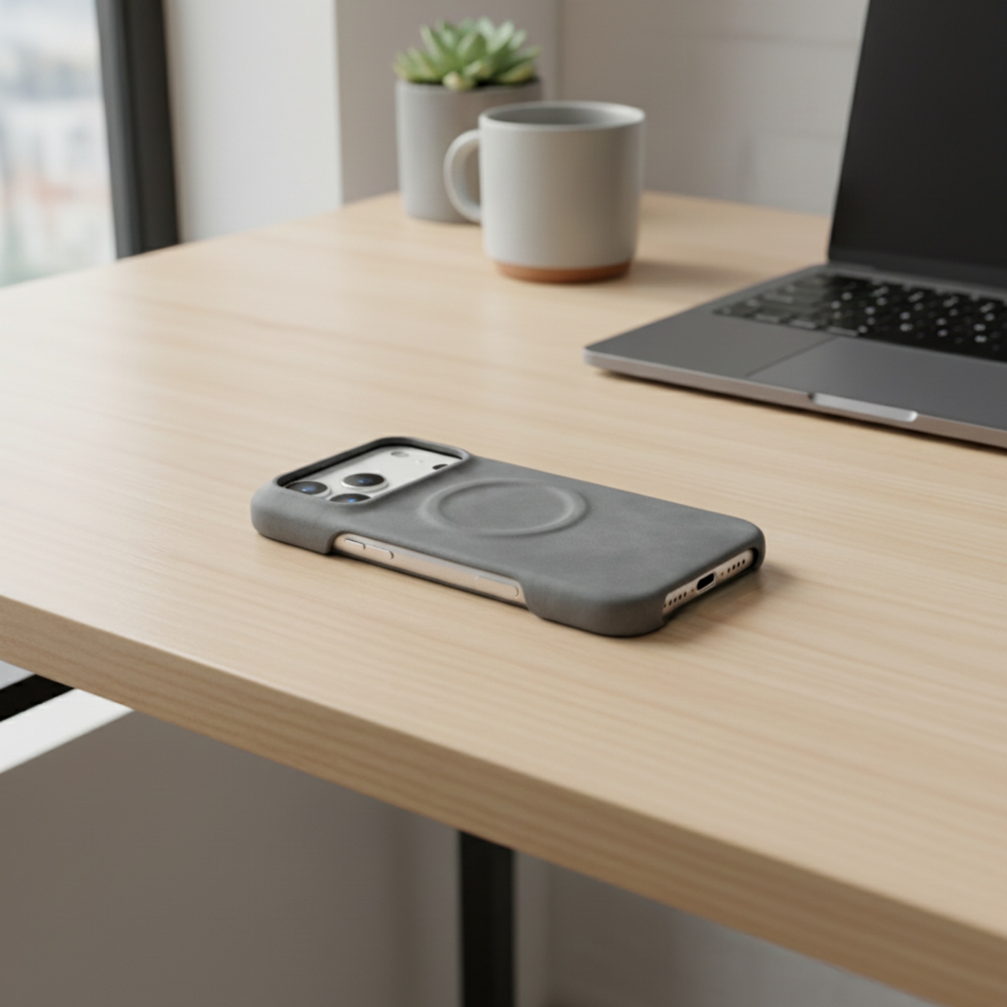 Husa Premium pentru iPhone 17 Pro, Piele ecologica (PU) Vintage Lambskin, Functie MagSafe, Mata High-Quality, Anti-Soc, Ultra Slim, Protectie Spate, Gri
