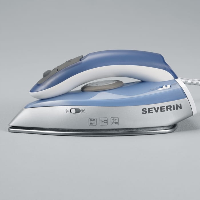 Fier de calcat Severin BA 3234, argintiu-albastru, 1000W, 20x9,2x11cm, set cu instructiuni si recipient pentru apa