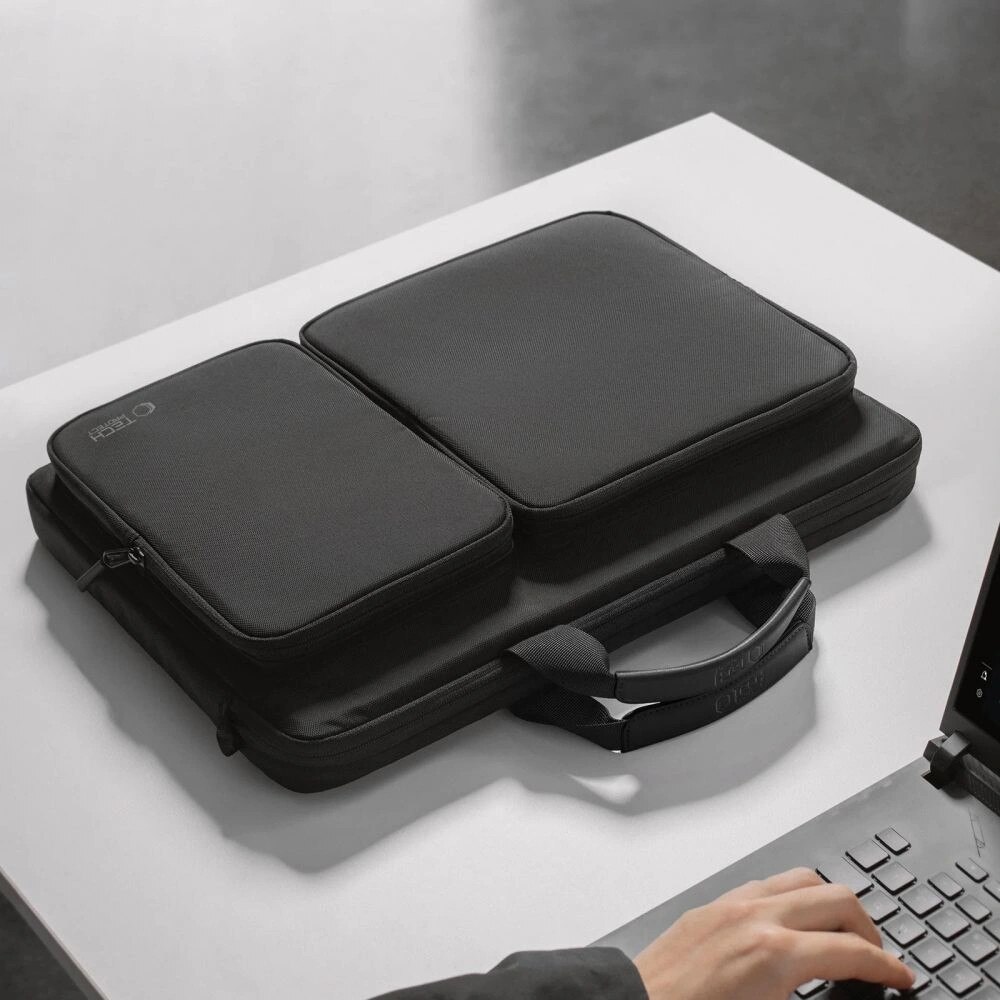 Geanta laptop Tech-Protect Defender, 17 inch, neagra, cu 4 compartimente, set cu curea
