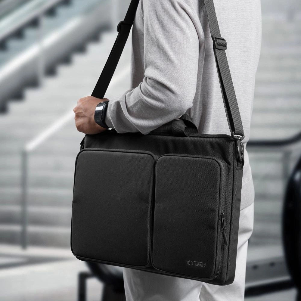 Geanta laptop Tech-Protect Defender, 17 inch, neagra, cu 4 compartimente, set cu curea