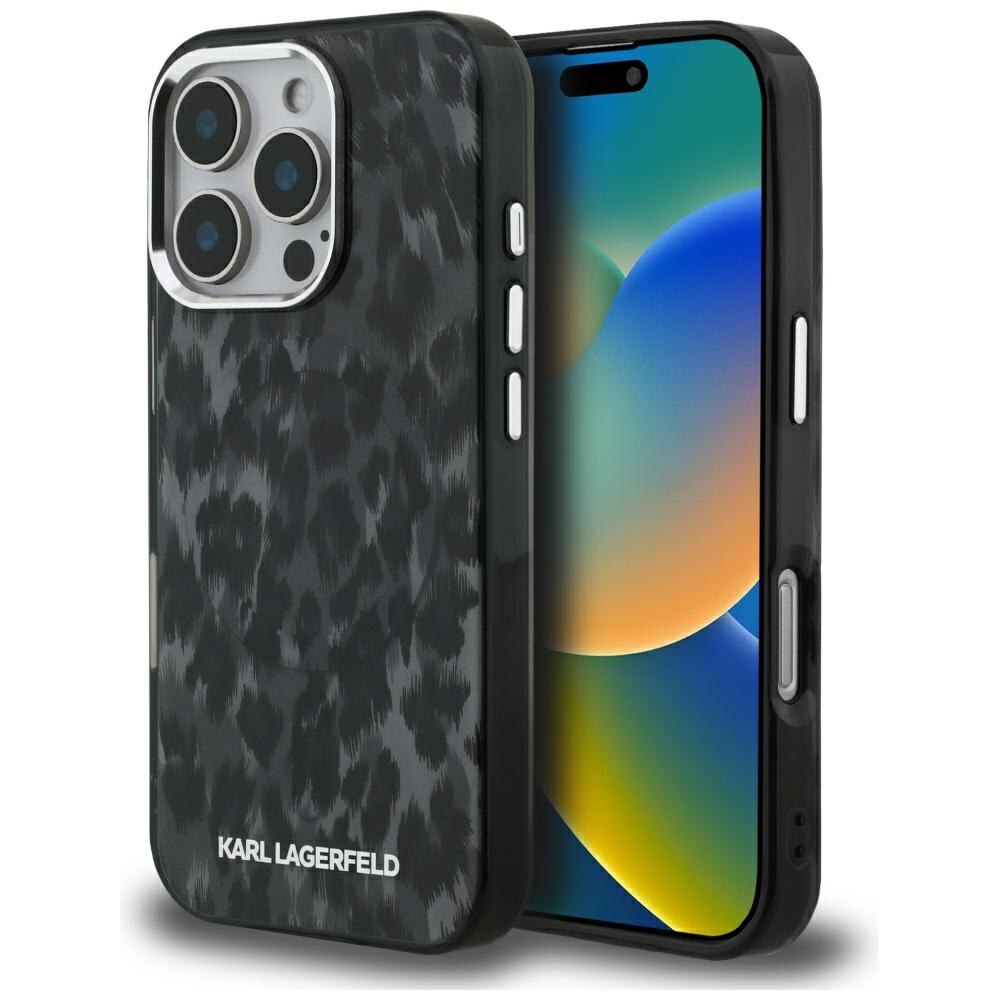 Carcasa Karl Lagerfeld IML Leopard Pattern cu MagSafe compatibila cu iPhone 16 Pro Max, Negru