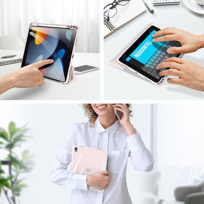 Husa premium Sigloo, pentru tableta iPAD Pro 11, model 2022/2021/2020/2018, 11 inch, interior de piele sintetica, cu suport Smart Pen, spatele din policarbonat transparent, rezistent la socuri, Pink