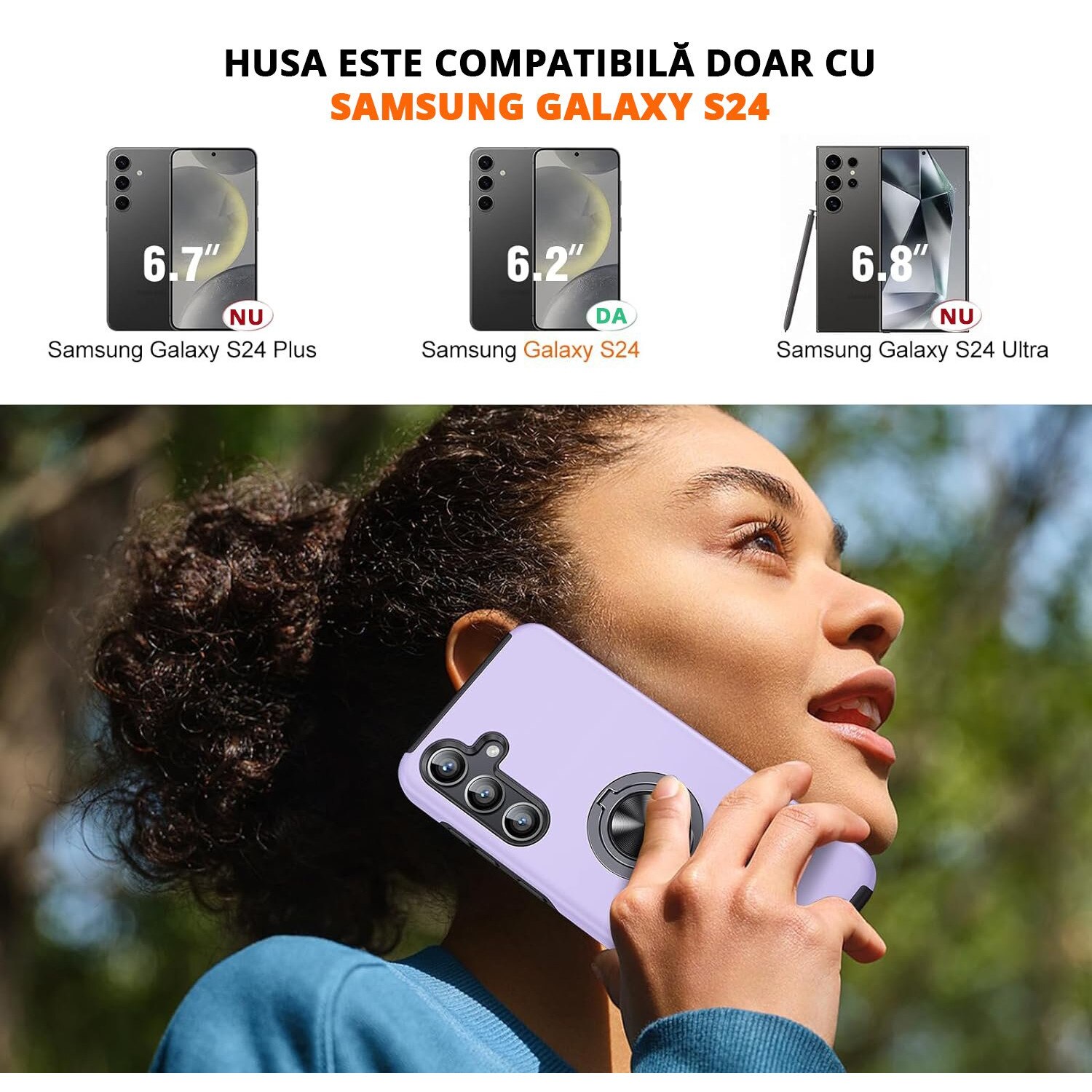 Husa pentru Samsung Galaxy S24, inel rotativ si Kickstand 360°, Protectie Militara Antisoc, cu disipare termica, Purple