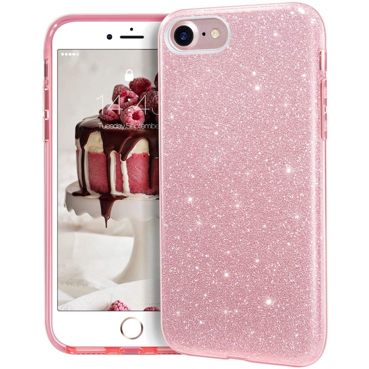Husa compatibila cu iPhone 7 / iPhone 8 ultra slim din silicon, cu 3 straturi protective, Fashion, cu sclipici Glitter, Roz