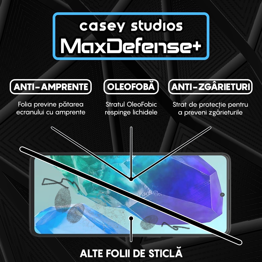 Folie Sticla CASEY STUDIOS™ compatibila cu Samsung Galaxy M55, Full Cover 3D, Full Glue, Duritate Militara, Ultra HD, Anti Zgarieturi, Anti Amprente, Anti Socuri, Margini Negre