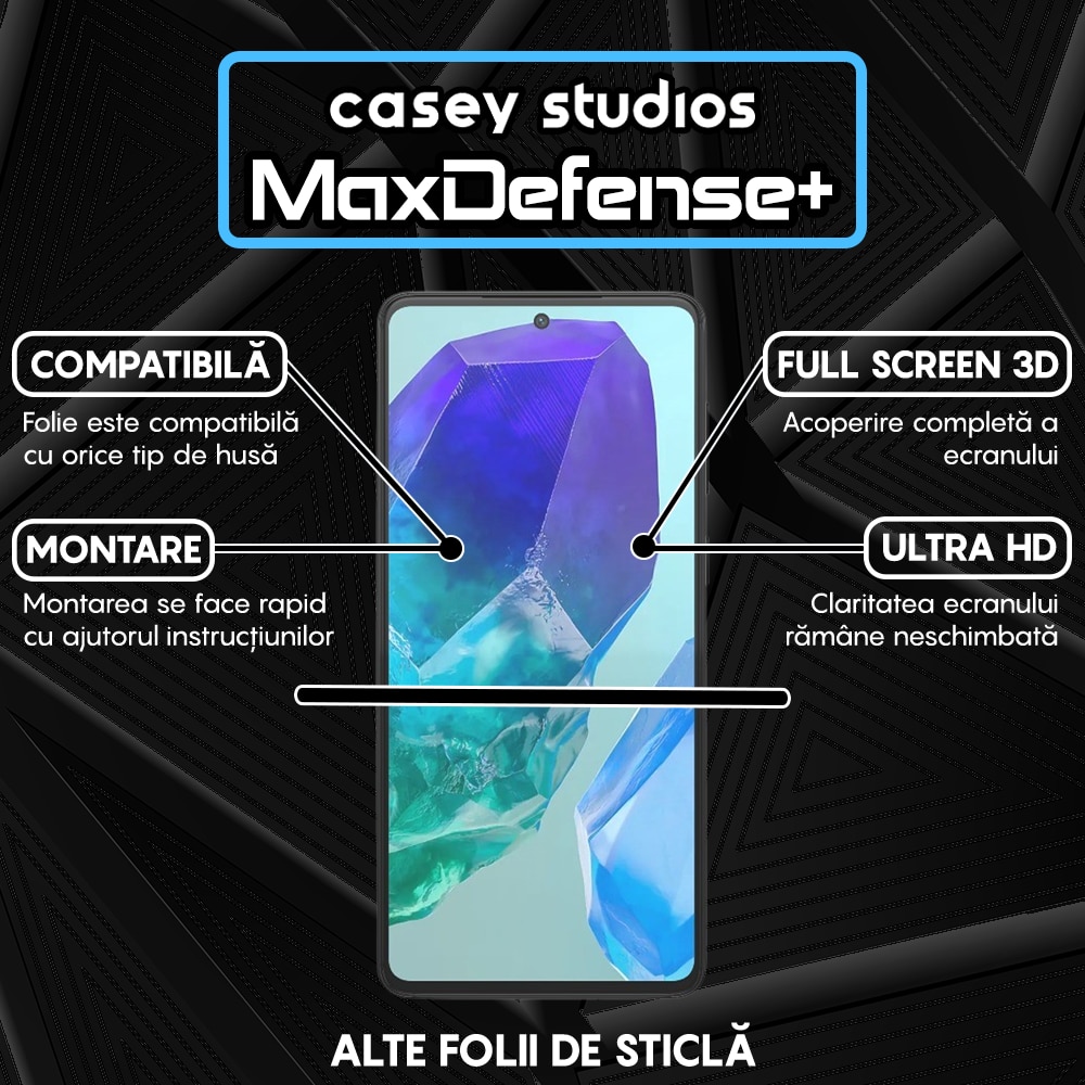Folie Sticla CASEY STUDIOS™ compatibila cu Samsung Galaxy M55, Full Cover 3D, Full Glue, Duritate Militara, Ultra HD, Anti Zgarieturi, Anti Amprente, Anti Socuri, Margini Negre