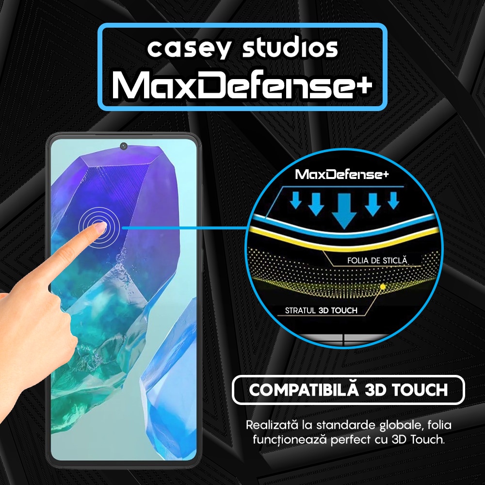 Folie Sticla CASEY STUDIOS™ compatibila cu Samsung Galaxy M55, Full Cover 3D, Full Glue, Duritate Militara, Ultra HD, Anti Zgarieturi, Anti Amprente, Anti Socuri, Margini Negre