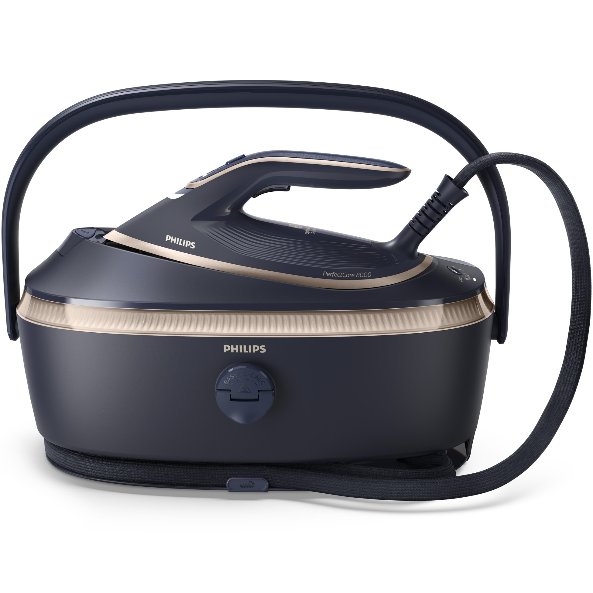 Statie de calcat cu abur Philips seria 8000 PSG8300/20, tehnologie OptimalTEMP, garantat fara arsuri, Abur max 210 g/min, jet de abur 850g, rezervor de 1.4 l, Talpa SteamGlide Elite, Mod ECO, Oprire automata de siguranta, albastru