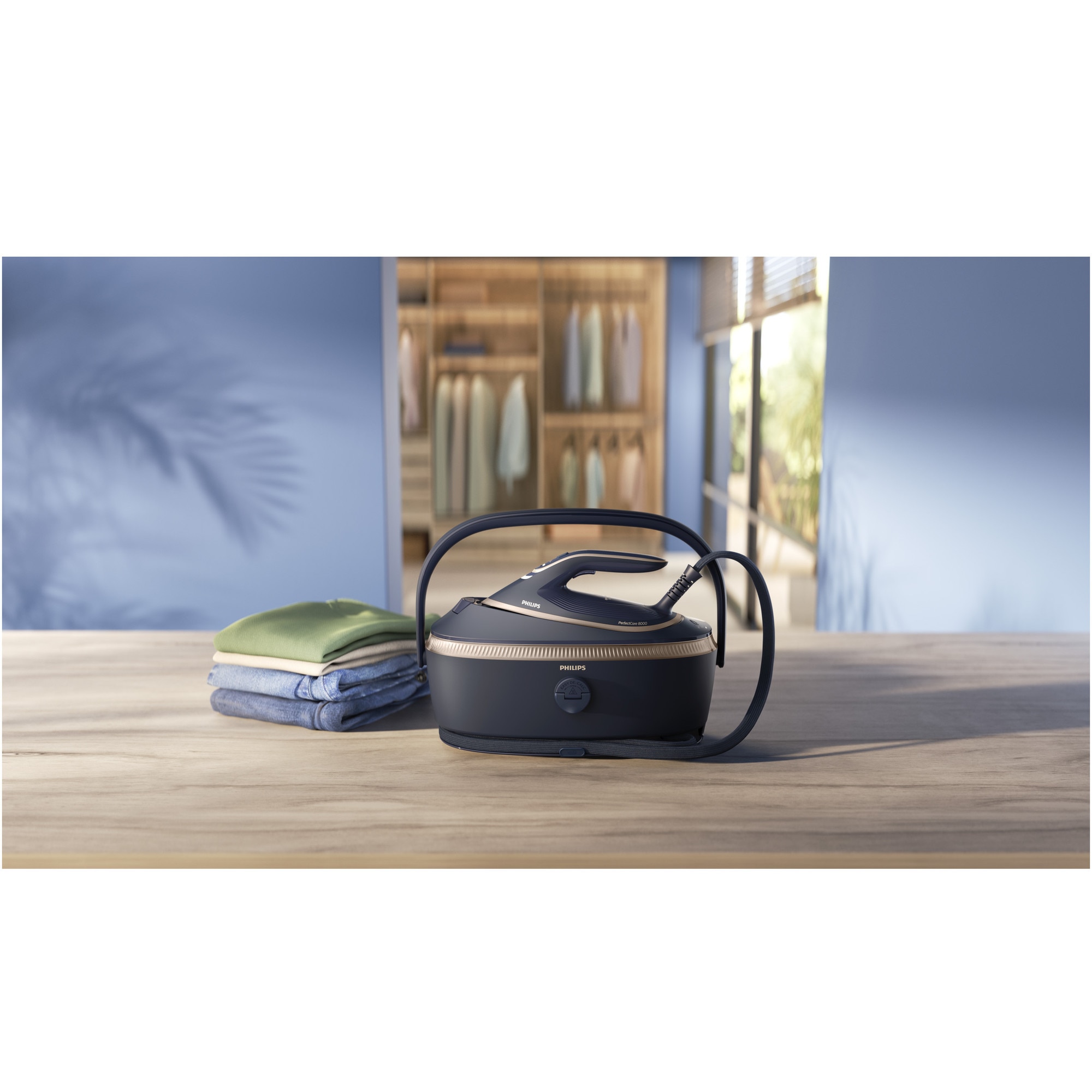 Statie de calcat cu abur Philips seria 8000 PSG8300/20, tehnologie OptimalTEMP, garantat fara arsuri, Abur max 210 g/min, jet de abur 850g, rezervor de 1.4 l, Talpa SteamGlide Elite, Mod ECO, Oprire automata de siguranta, albastru