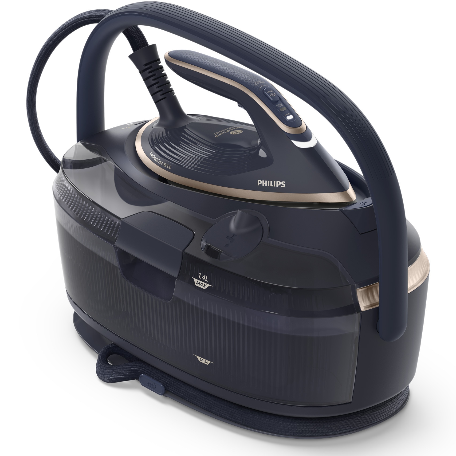 Statie de calcat cu abur Philips seria 8000 PSG8300/20, tehnologie OptimalTEMP, garantat fara arsuri, Abur max 210 g/min, jet de abur 850g, rezervor de 1.4 l, Talpa SteamGlide Elite, Mod ECO, Oprire automata de siguranta, albastru