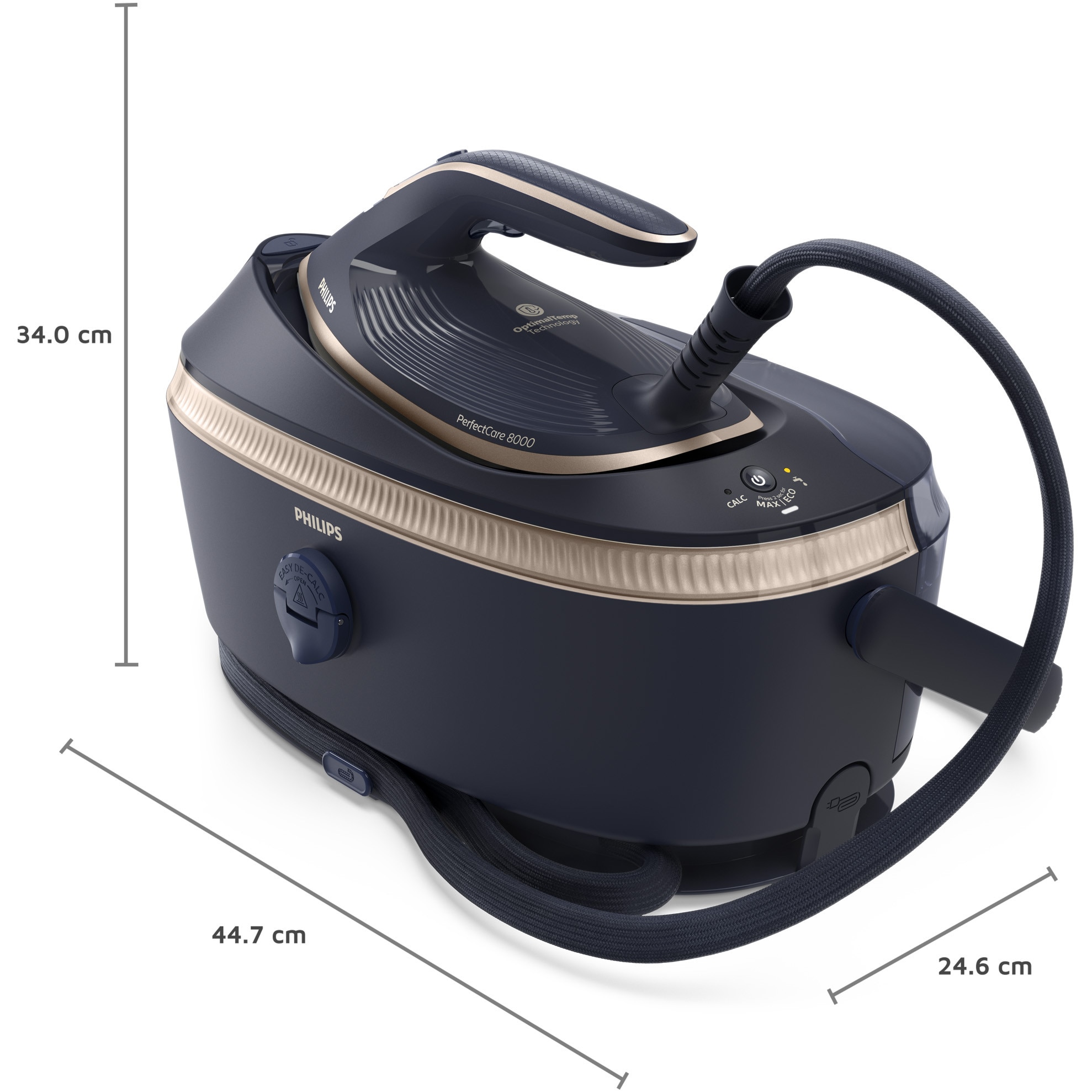 Statie de calcat cu abur Philips seria 8000 PSG8300/20, tehnologie OptimalTEMP, garantat fara arsuri, Abur max 210 g/min, jet de abur 850g, rezervor de 1.4 l, Talpa SteamGlide Elite, Mod ECO, Oprire automata de siguranta, albastru