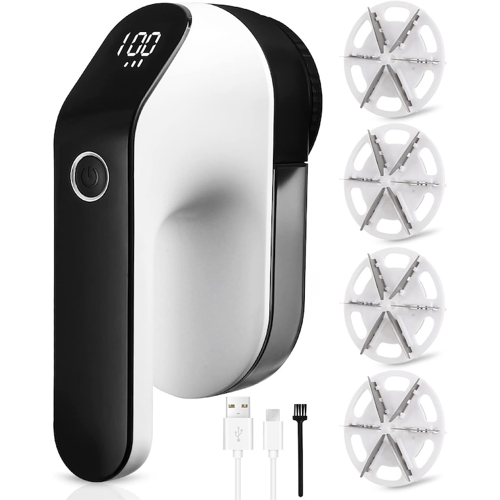 Aparat de curatat scame reincarcabil USB cu acumulator de 2000 mAh, afisaj LED, 3 viteze, 4 lame de schimb cu 6 pale, viteza maxima 9000 rpm, alb
