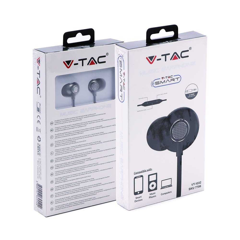 Casti cu fir, V-TAC, buton multifunctional, mufa 3.5mm, gri