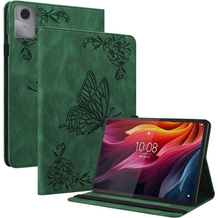 Husa tableta XGSM Butterfly, verde, pentru Lenovo Idea Tab 11" / Tab K11 11" (2 gen.), cu suport si compartimente pentru carduri