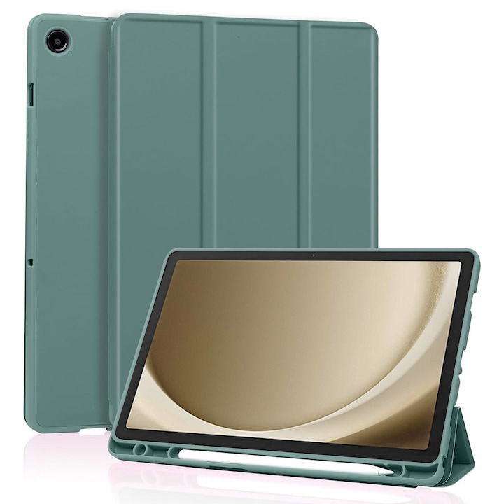 Husa pentru Samsung Galaxy Tab A11 Plus 11 inch Soft Shell cu functie wake-up/sleep si compartiment pentru stylus, tip stand - verde inchis