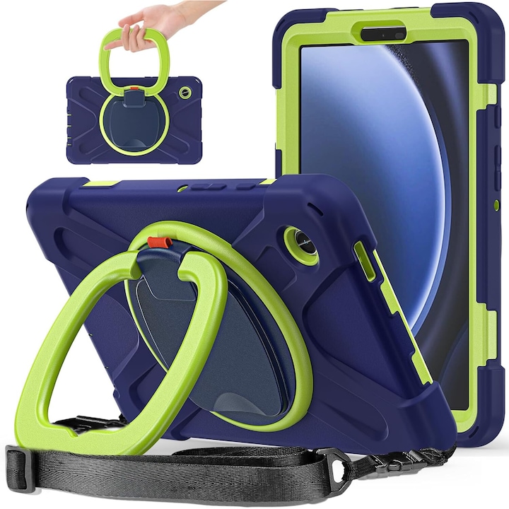 Husa pentru Galaxy Tab A9 8.7" 2023, protectie robusta, suport rotativ 360°, curea de umar, albastru+verde
