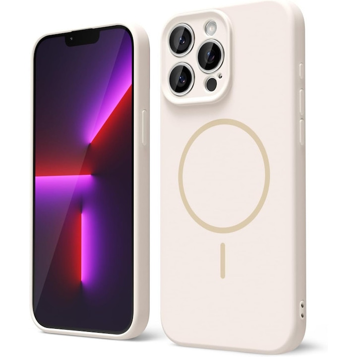 Husa Telefon din Silicon Alb, Compatibila cu MagSafe si iPhone 16 Pro Max, Rezistenta la Socuri, Prietenos cu Pielea, Margini Ridicate pentru Protectia Ecranului si Camerelor, Suprafata Anti-amprenta, Instalare Usoara Fara Scratch