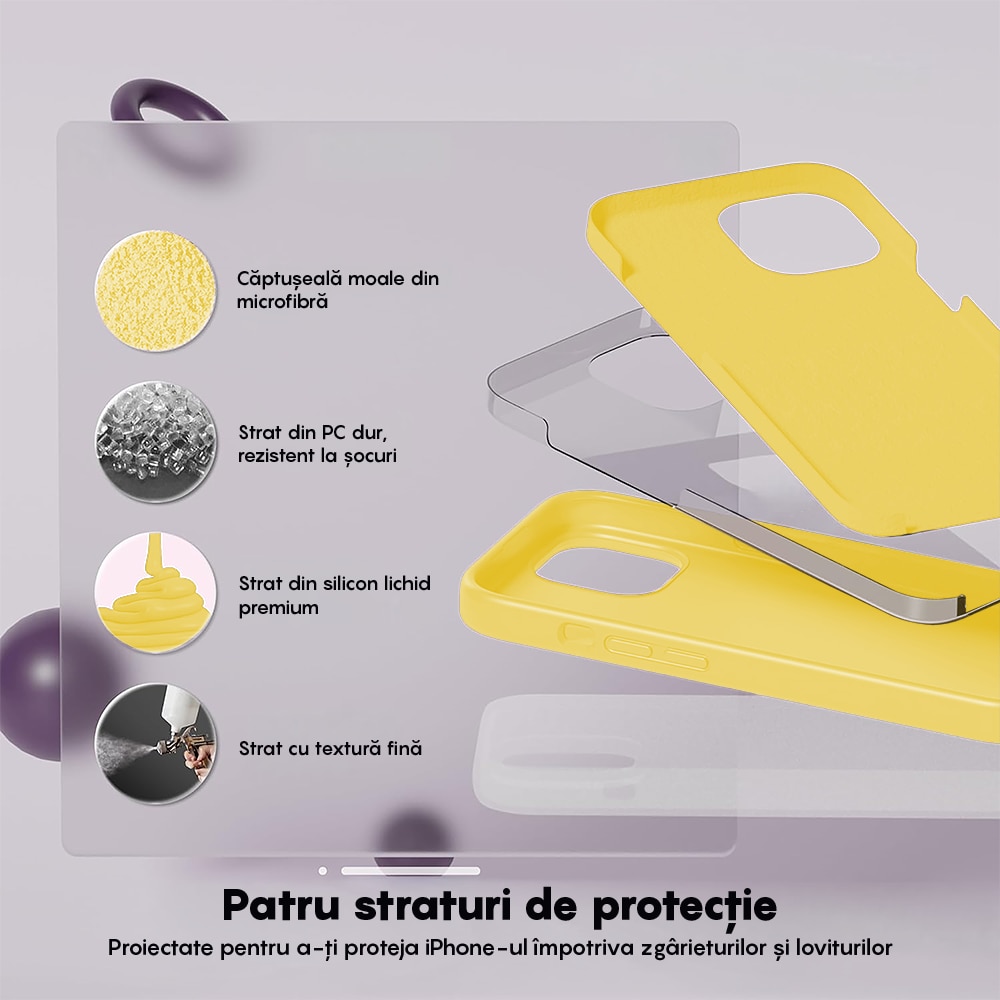 Husa CASEY STUDIOS™ compatibila cu iPhone 14, Soft Silicone Premium, Microfibra in Interior, Yellow, de Protectie, Ultra Slim, pentru Incarcare Wireless, Margini Ridicate de Protectia Ecranului si a Camerelor