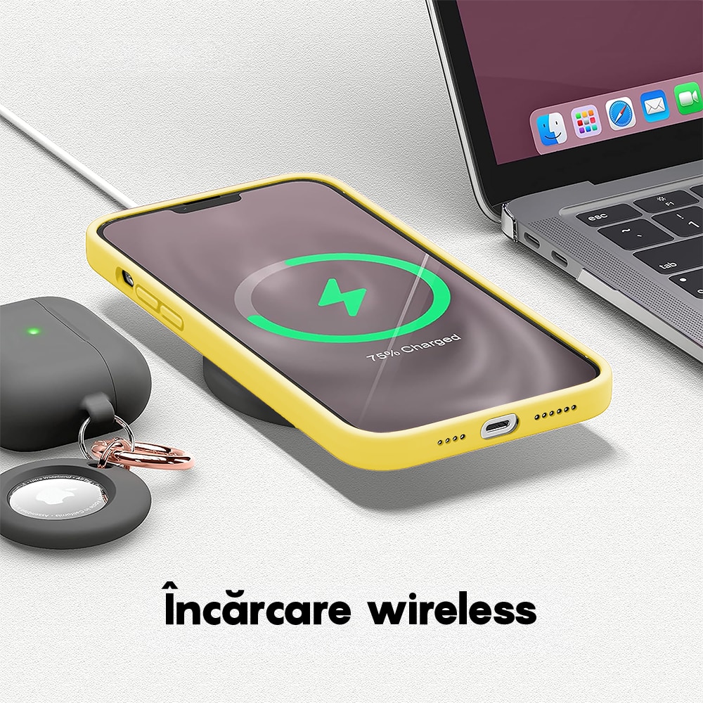 Husa CASEY STUDIOS™ compatibila cu iPhone 14, Soft Silicone Premium, Microfibra in Interior, Yellow, de Protectie, Ultra Slim, pentru Incarcare Wireless, Margini Ridicate de Protectia Ecranului si a Camerelor