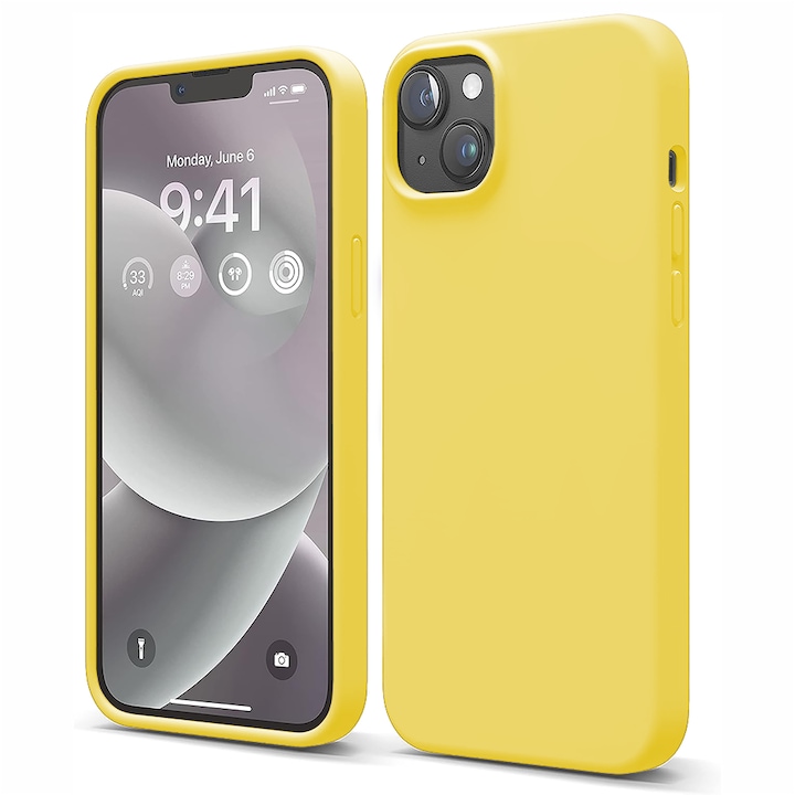 Husa CASEY STUDIOS™ compatibila cu iPhone 14, Soft Silicone Premium, Microfibra in Interior, Yellow, de Protectie, Ultra Slim, pentru Incarcare Wireless, Margini Ridicate de Protectia Ecranului si a Camerelor