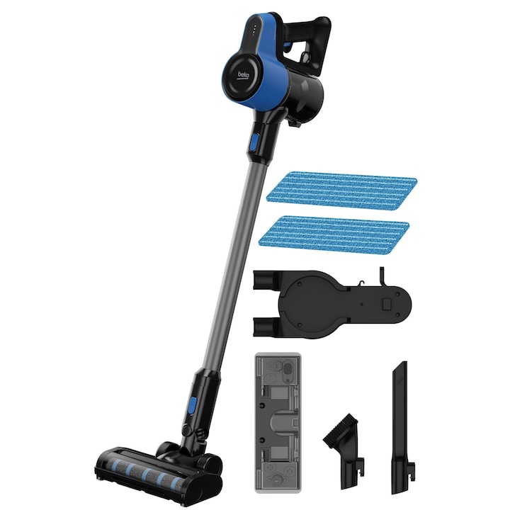 Aspirator vertical 2 in 1 cu mop Beko ErgoClean™ VRT60221VD, 0.5l, 21.6V, 160 W, Filtru Hepa 10, autonomie max 45 min, Albastru/Negru