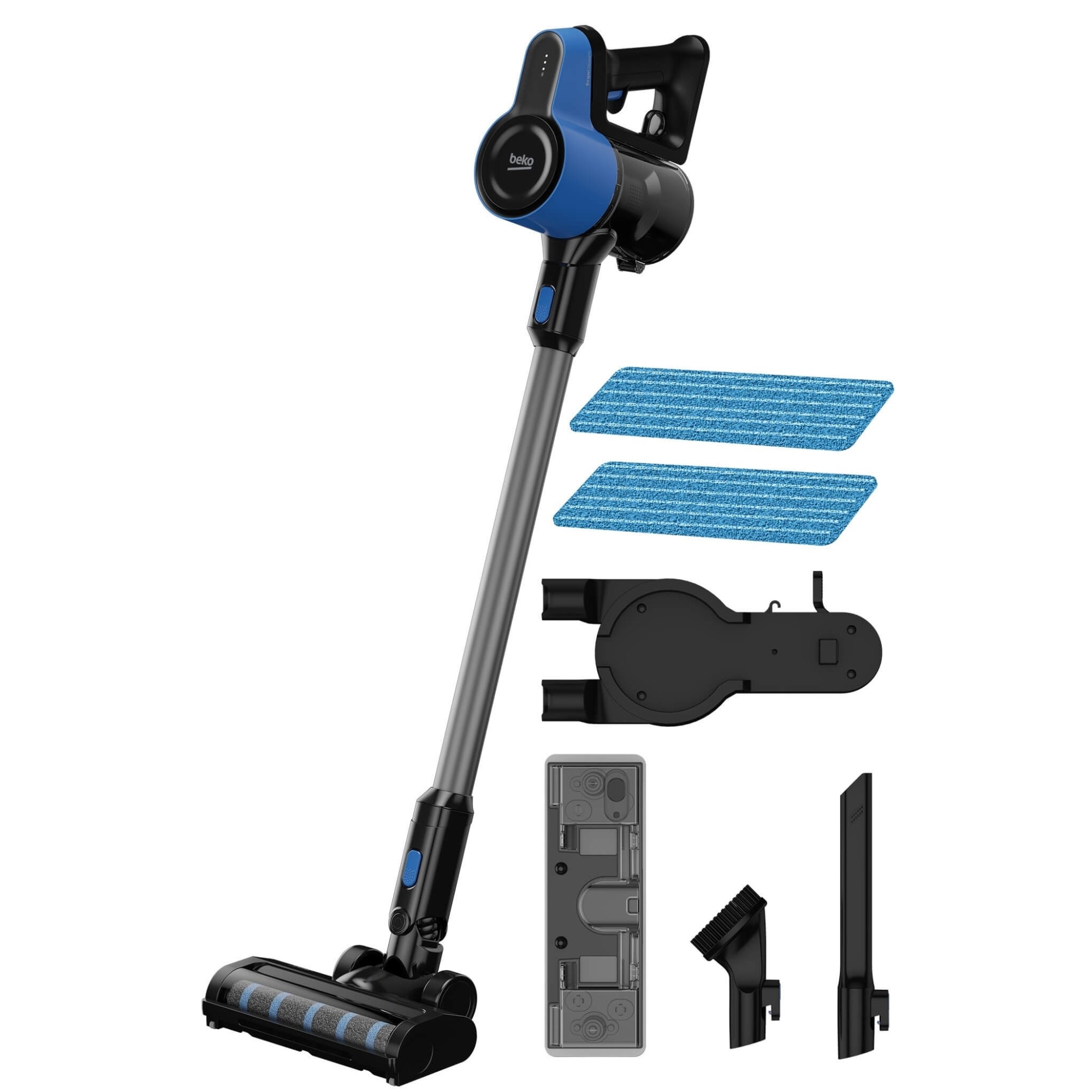Aspirator vertical 2 in 1 cu mop Beko ErgoClean™ VRT60221VD, 0.5l, 21.6V, 160 W, Filtru Hepa 10, autonomie max 45 min, Albastru/Negru