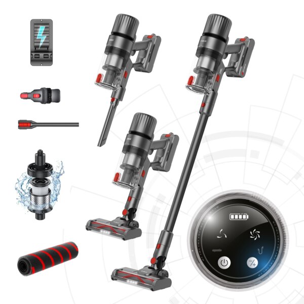 Aspirator vertical Samus Storm Air Force, ciclonic, aspirare uscata, pentru uz casnic si auto, filtru Hepa + inox, 0.65 litri, acumulator litiu 22.2 V 2200 mAh, perie motorizata rotativa cu LED-uri, 2