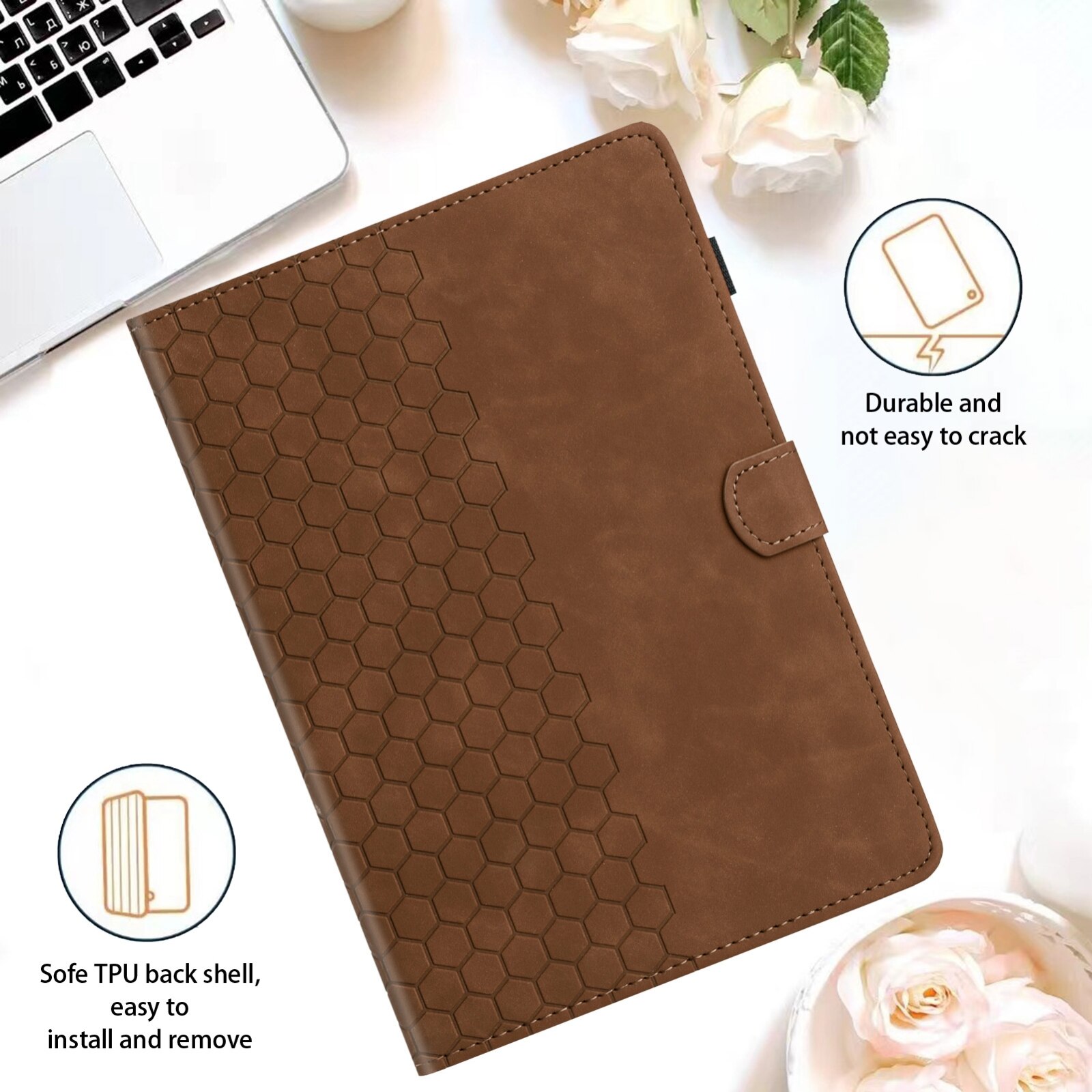 Husa tableta pentru Huawei MatePad T10, piele embosata tip fagure de miere, capac cartier cu suport, maro