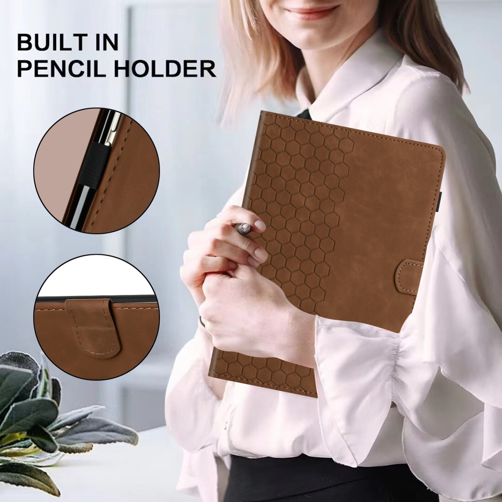 Husa tableta pentru Huawei MatePad T10, piele embosata tip fagure de miere, capac cartier cu suport, maro