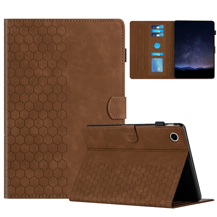 Husa tableta pentru Huawei MatePad T10, piele embosata tip fagure de miere, capac cartier cu suport, maro