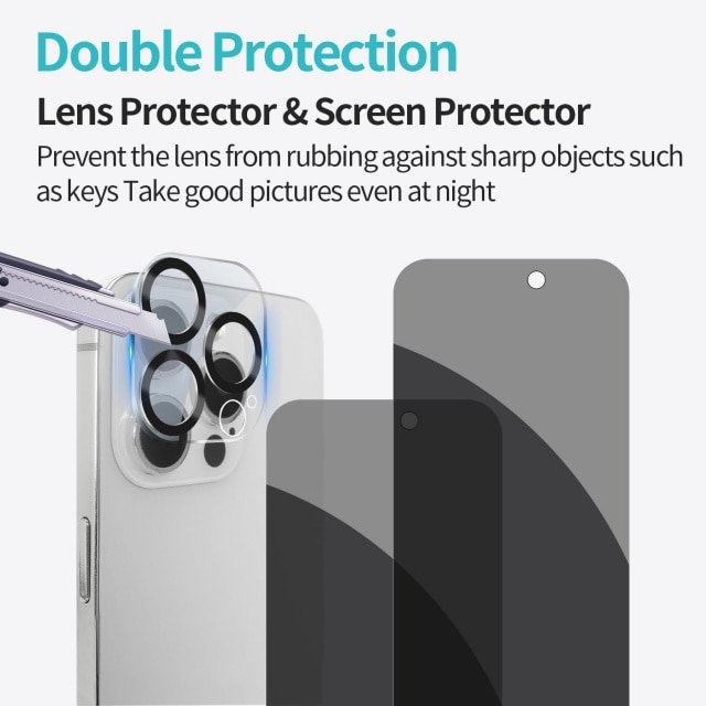 Set 3 Folii de Protectie Privacy si 3 Folii de Protectie pentru Camera pentru iPhone 15 Pro Max, Sticla Securizata, Negru