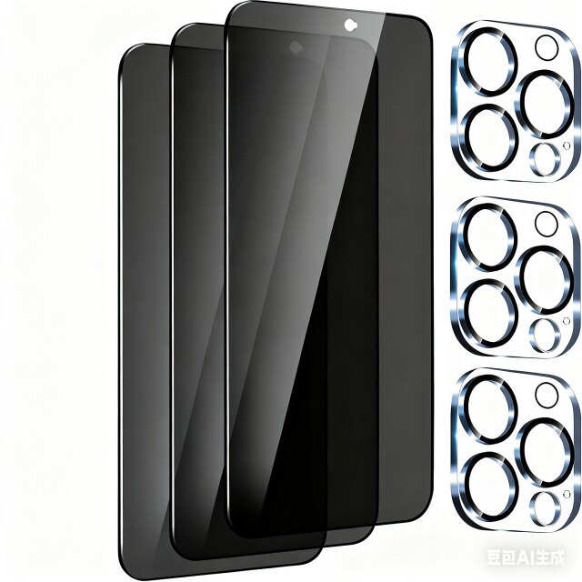 Set 3 Folii de Protectie Privacy si 3 Folii de Protectie pentru Camera pentru iPhone 15 Pro Max, Sticla Securizata, Negru