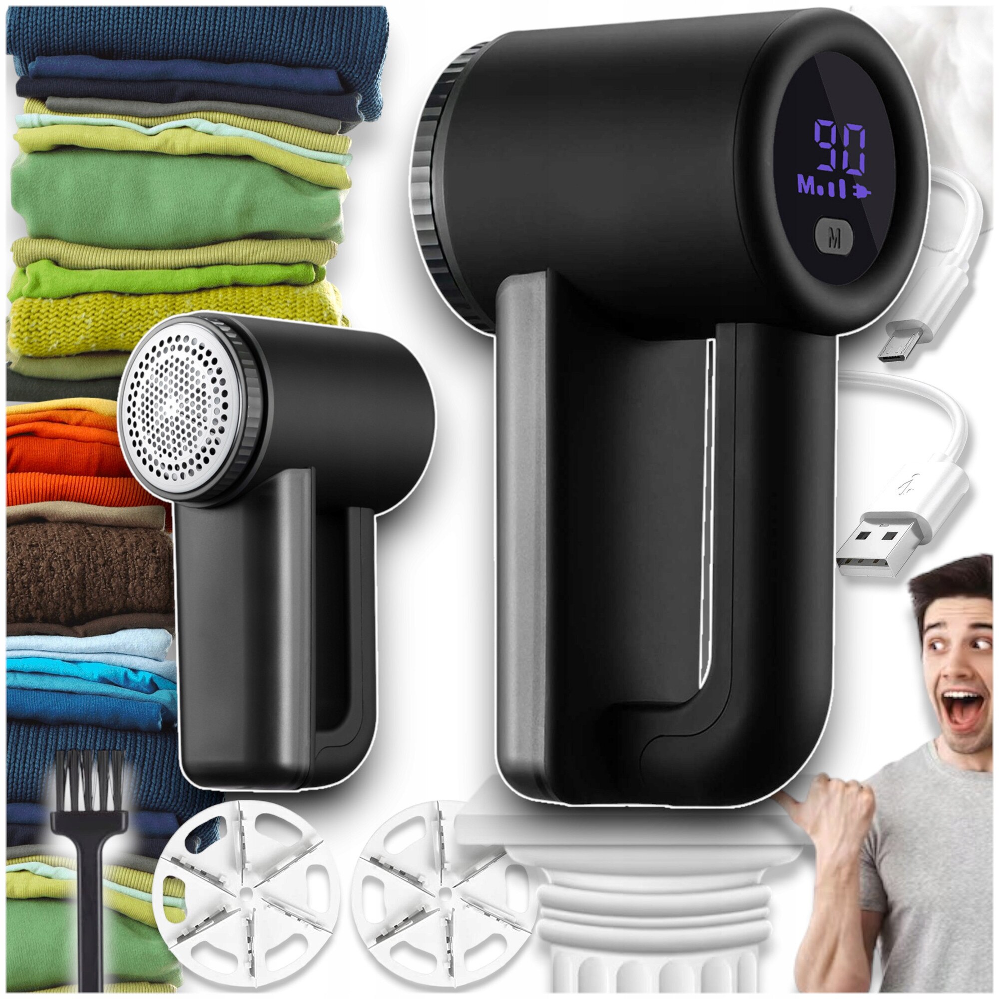 Aparat de curatat scame electric, cu afisaj LCD, 3 trepte de viteza, USB-C, 2000mAh, 5W