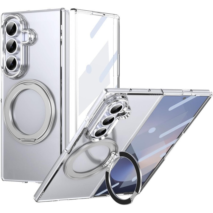 Husa Transparenta, Compatibila cu Samsung Galaxy Z Fold 7, Esther Beauty®, cu Magnet Integrat si Suport Metalic Reglabil si Folie de protectie pentru ecran, Protectie 360°, Argintiu