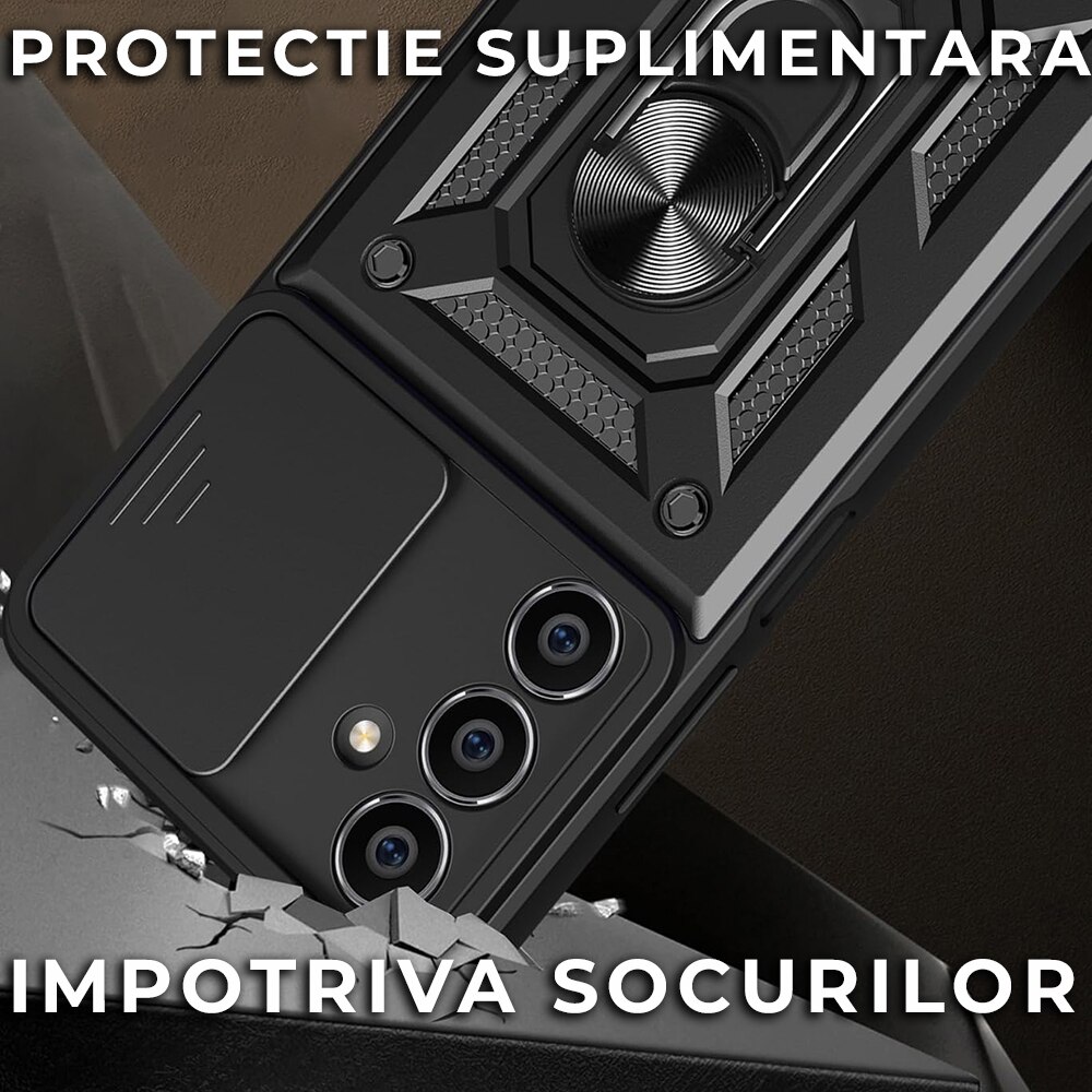 Husa pentru Samsung Galaxy S24 FE Premium Hybrid Armor Kickstand, Slider Camera, Antisoc, Protectie Superioara, Negru
