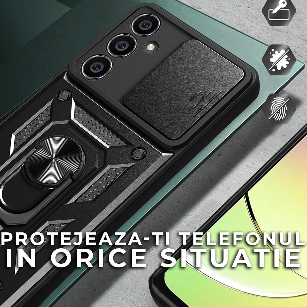 Husa pentru Samsung Galaxy S24 FE Premium Hybrid Armor Kickstand, Slider Camera, Antisoc, Protectie Superioara, Negru