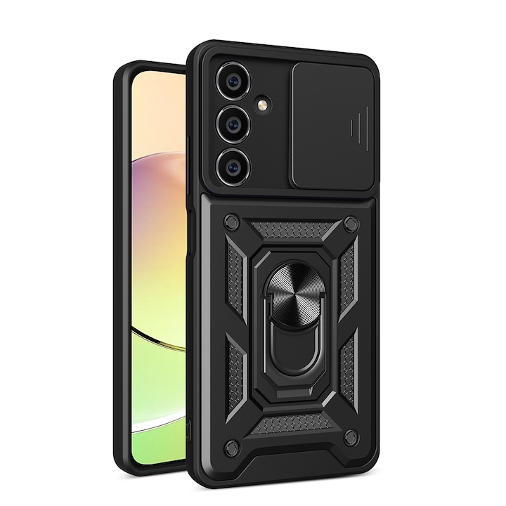 Husa pentru Samsung Galaxy S24 FE Premium Hybrid Armor Kickstand, Slider Camera, Antisoc, Protectie Superioara, Negru