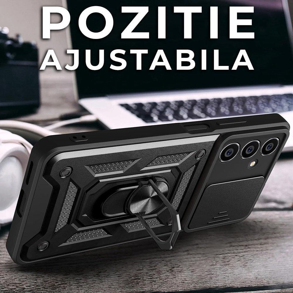 Husa pentru Samsung Galaxy S24 FE Premium Hybrid Armor Kickstand, Slider Camera, Antisoc, Protectie Superioara, Negru