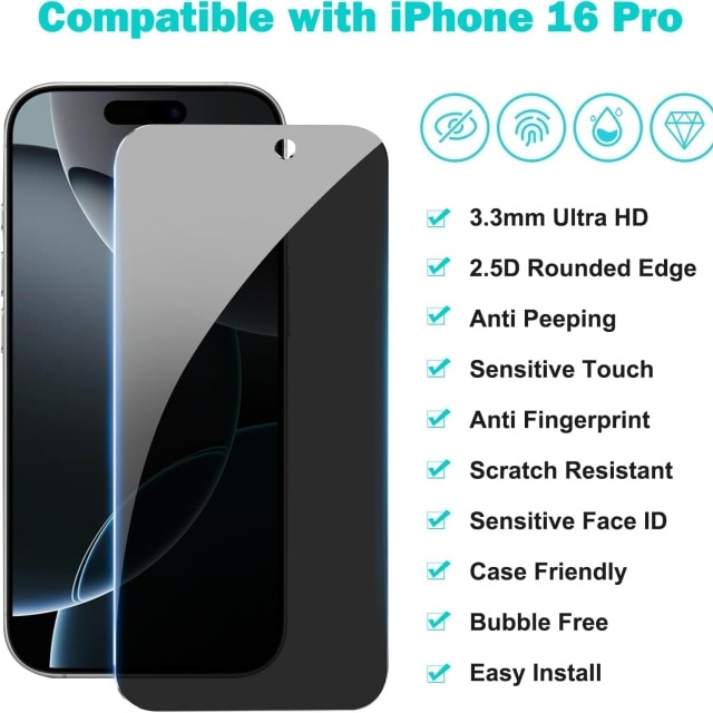 Set 3 Folii de Protectie Privacy si 3 Folii de Protectie pentru Camera pentru iPhone 16 Pro, Sticla Securizata, Negru