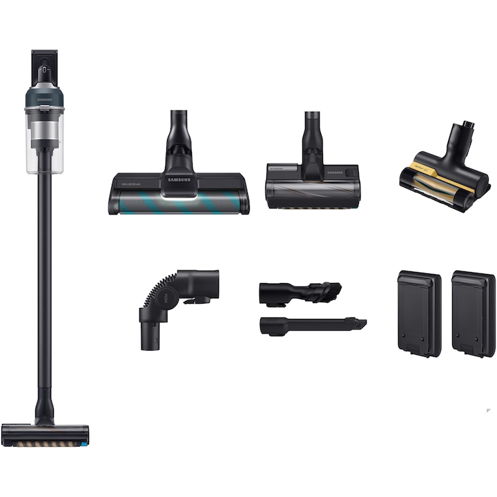 Aspirator vertical Samsung Jet 85 Complete Extra VS20C8534TB/GE, 0.8L, 25.2V, 580W, Digital Inverter, Perie Jet Dual pentru covoare, Perie Slim LED pentru parchet, Perie Pet, 120 min autonomie (2 baterii), Negru-Albastru