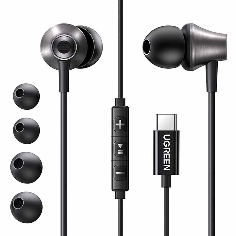 Casti cu fir Ugreen EP105, 3.5mm, negru, 10mm driver, microfon cu reducere a zgomotului, set cu 4 perechi de dopuri
