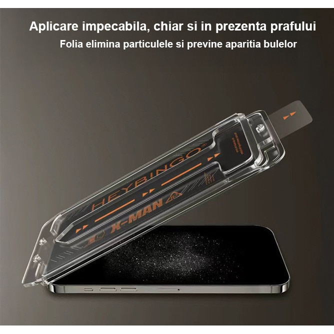 Folie Sticla Privacy Pentru Apple iPhone 14 PRO MAX HEYBINGO, Cu Kit de Aplicare Instanta si Functie Automata de Indepartare a Prafului, Sticla 9H, X-MAN, Rezistenta la zgarieturi, Protectie Ecran Premium