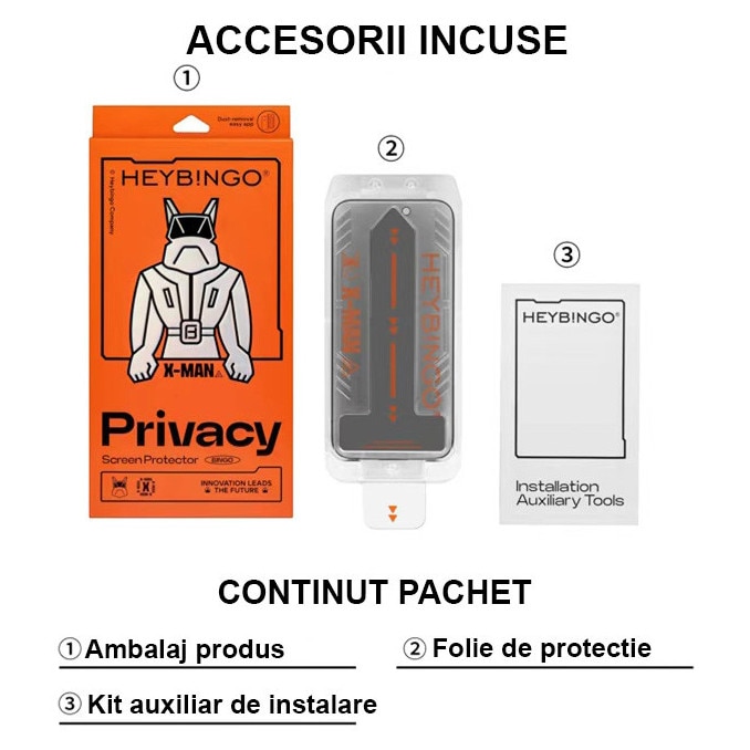 Folie Sticla Privacy Pentru Apple iPhone 14 PRO MAX HEYBINGO, Cu Kit de Aplicare Instanta si Functie Automata de Indepartare a Prafului, Sticla 9H, X-MAN, Rezistenta la zgarieturi, Protectie Ecran Premium