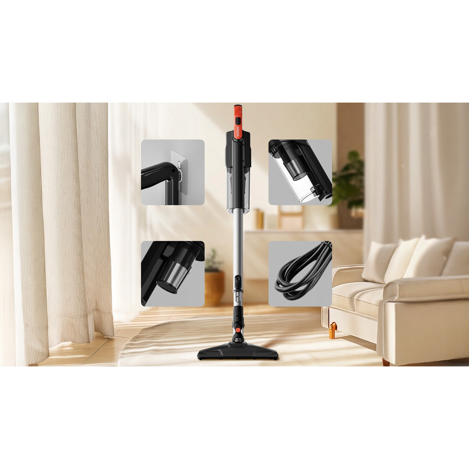 Aspirator Vertical 2 In 1 Cu Accesorii, Enchen, V3, Putere 650 W, Putere De Aspiratie 18 Kpa, Capacitate Recipient 1, 2 L, Calitate Inalta A Executiei, Negru