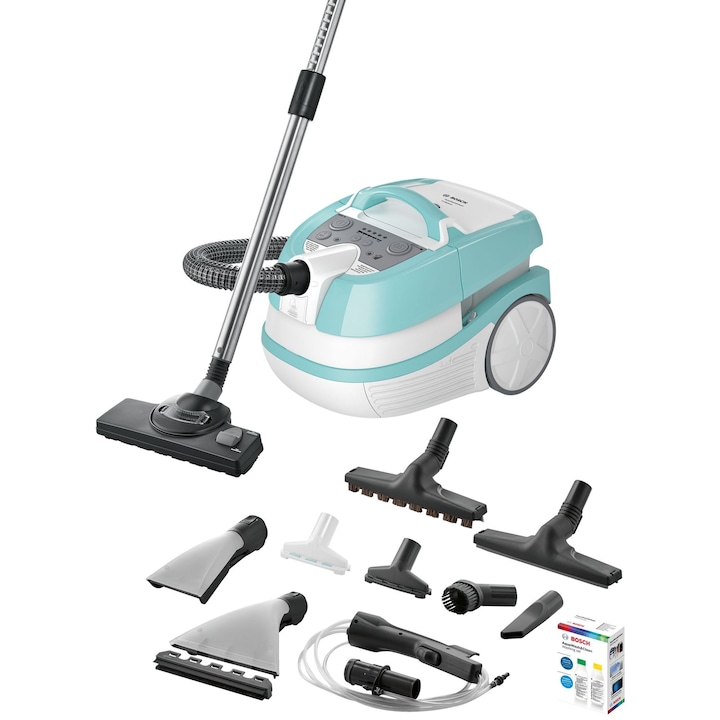 Aspirator 3 in 1 Bosch, BWD420HYG, Curatare uscata/umeda, Perie pentru saltele, 2000 W, 3.5 L, Filtru HEPA, Verde/Alb